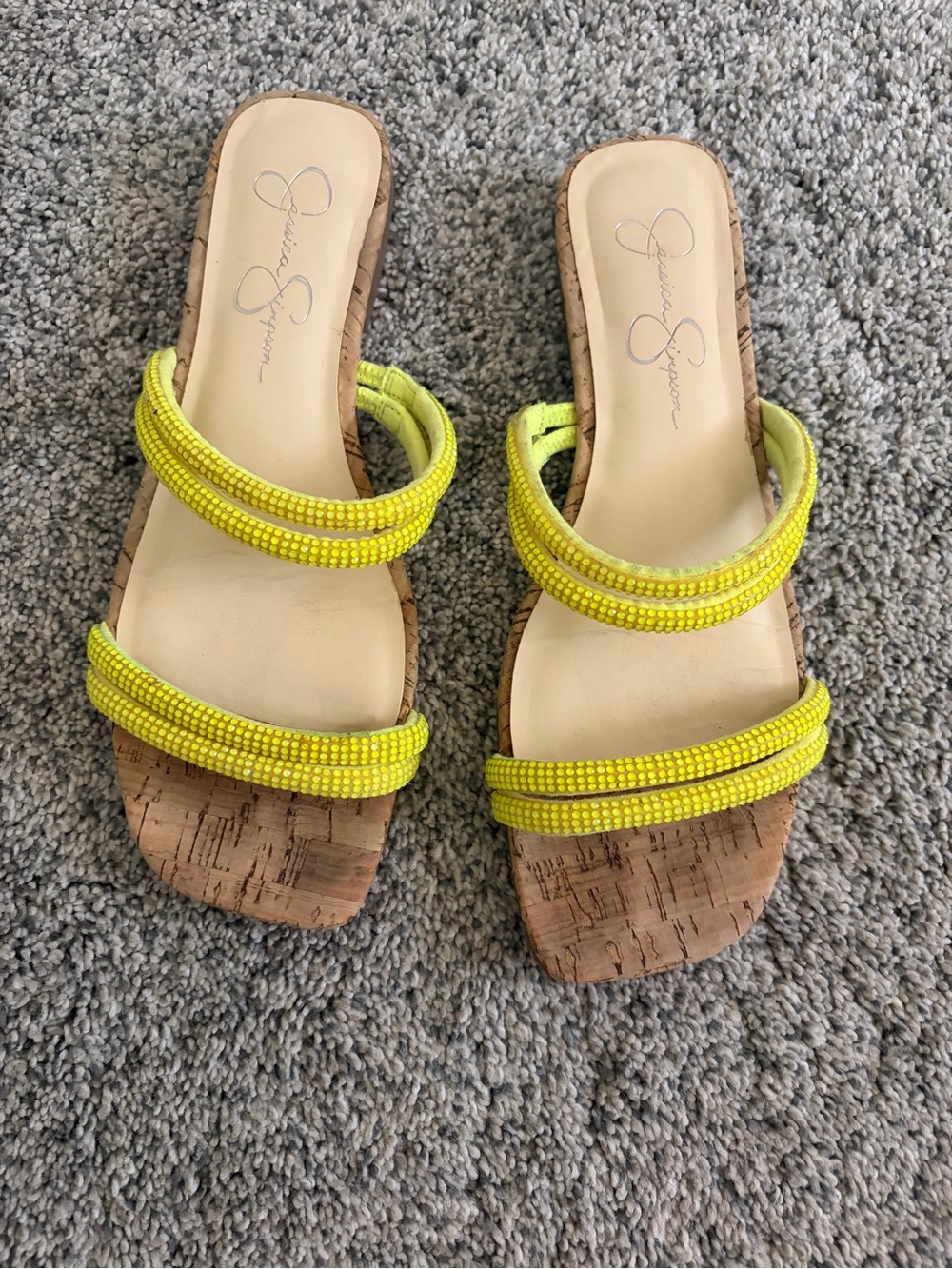 Jessica Simpson Neon Yellow Beaded Double-Strap Cork Slide Sandals